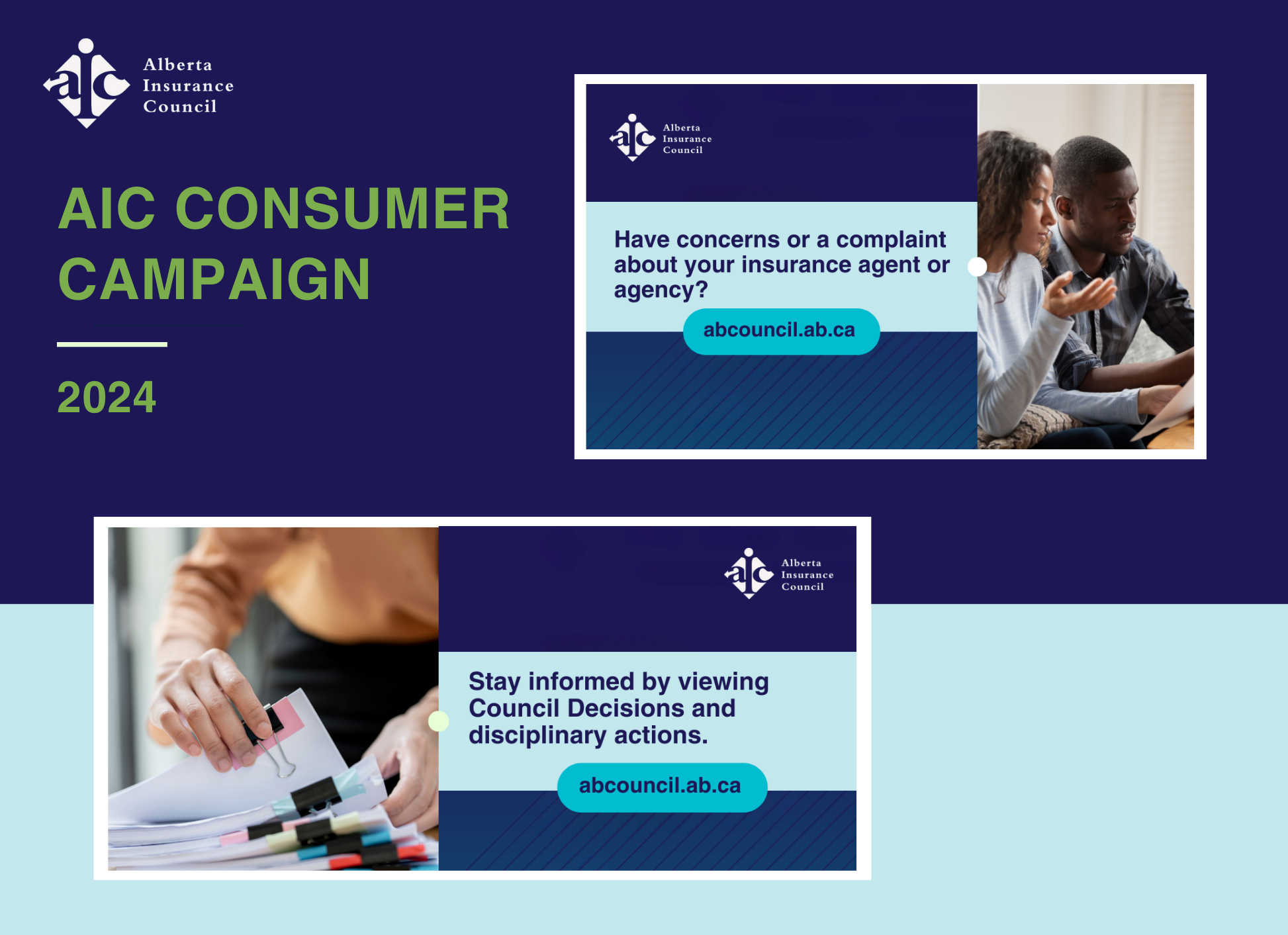 Social media graphics used in AIC's consumer campaign. Graphic texts read: 1) Have concerns or a complaint about your insurance agent or agency? 2) Stay informed by viewing Council Decisions and disciplinary actions.